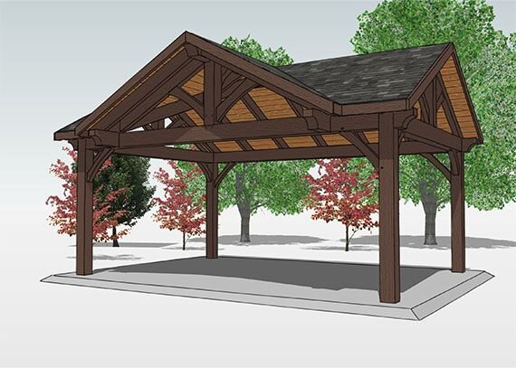 Algonquin pavilion design with timber frame construction surrounded by trees